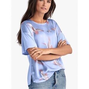 Ellos Women's 1X Plus Size Satin-Front Tee Cranes In Flight Artsy Soft Dressy T